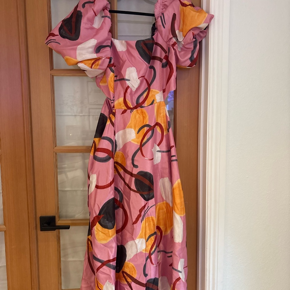 Aureta Printed Linen Puff-Sleeve Cutout Dress